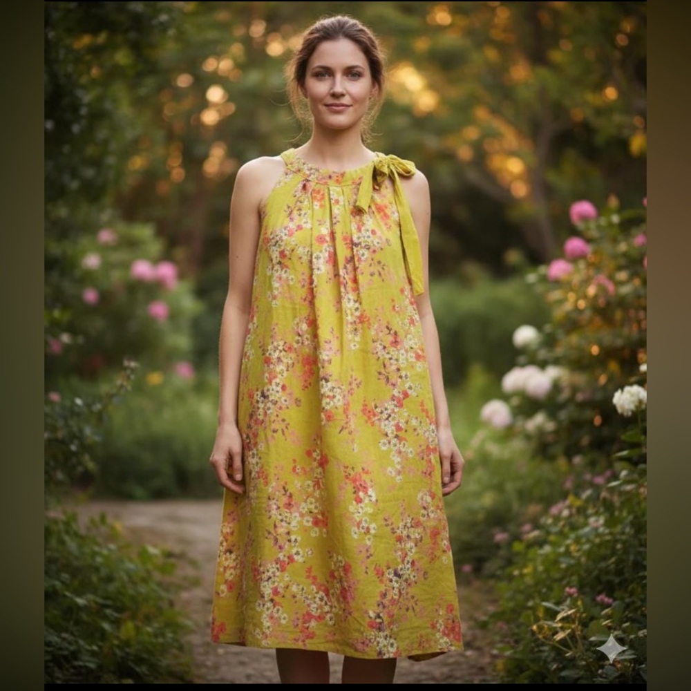 Bellambia Italian Linen Floral‎ Halter Midi Dress M